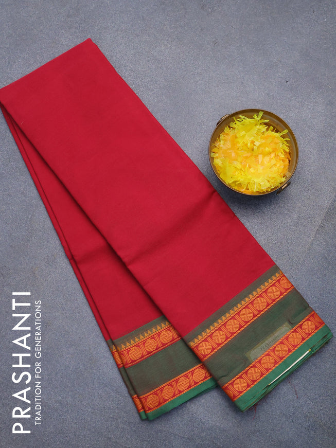 Chettinad cotton saree maroon and green with plain body and rettapet thread woven border without blouse
