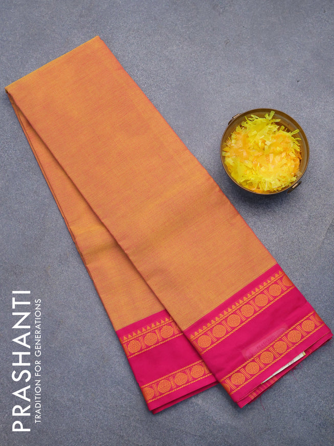 Chettinad cotton saree mustard yellow and pink with plain body and rettapet thread woven border without blouse