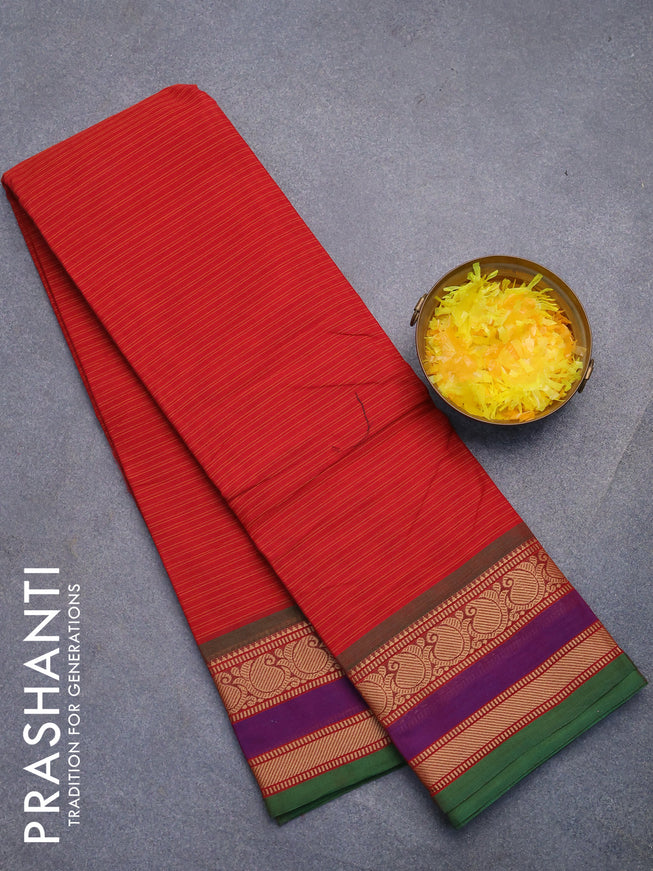 Chettinad cotton saree red and green with allover stripes pattern and thread woven border without blouse