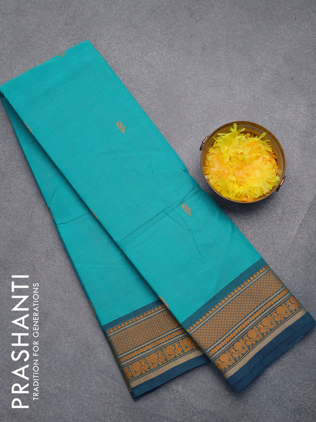 Chettinad cotton saree teal blue and blue with thread woven buttas and thread woven border without blouse