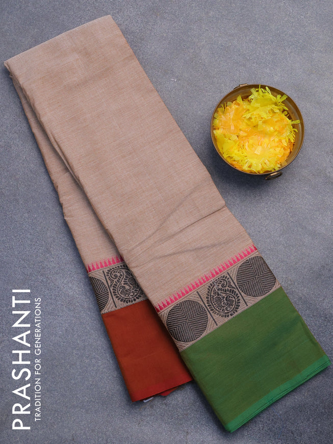 Chettinad cotton saree beige and rust shade with plain body and thread woven simple border without blouse