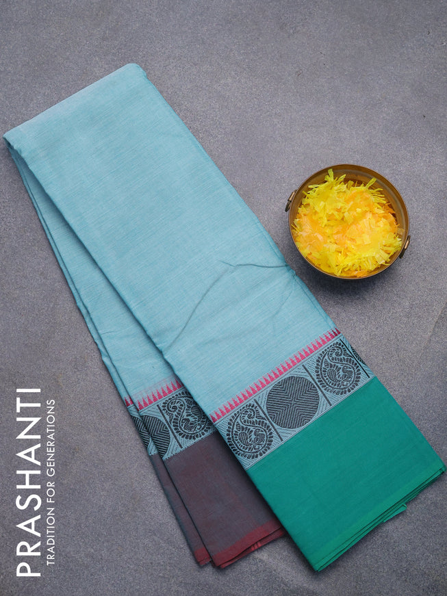 Chettinad cotton saree blue shade and dual shade of maroon with plain body and thread woven simple border without blouse