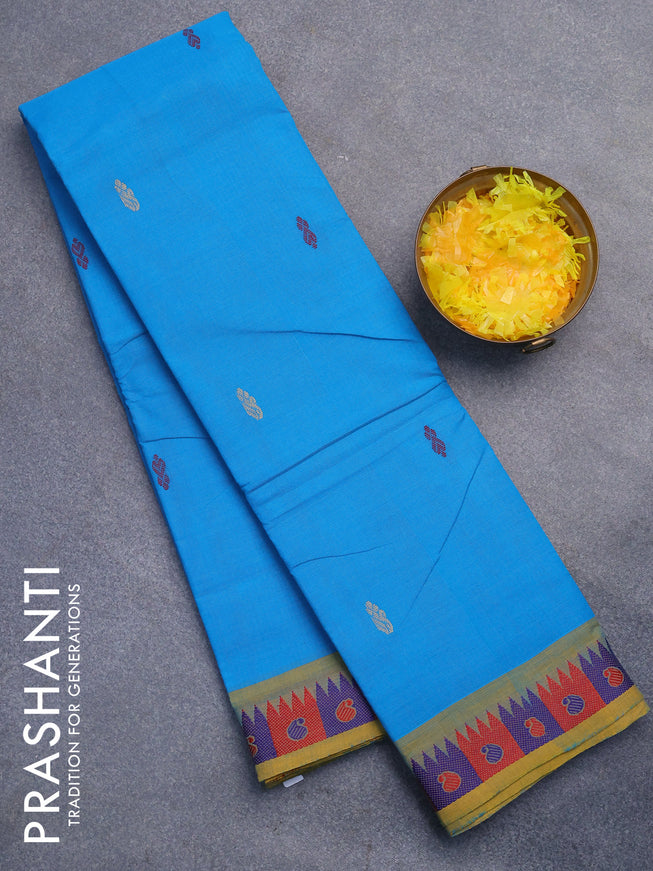 Chettinad cotton saree cs blue and yellow shade with thread woven buttas and thread woven border without blouse