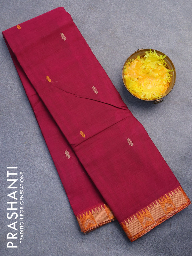Chettinad cotton saree magenta pink with thread woven buttas and thread woven border without blouse