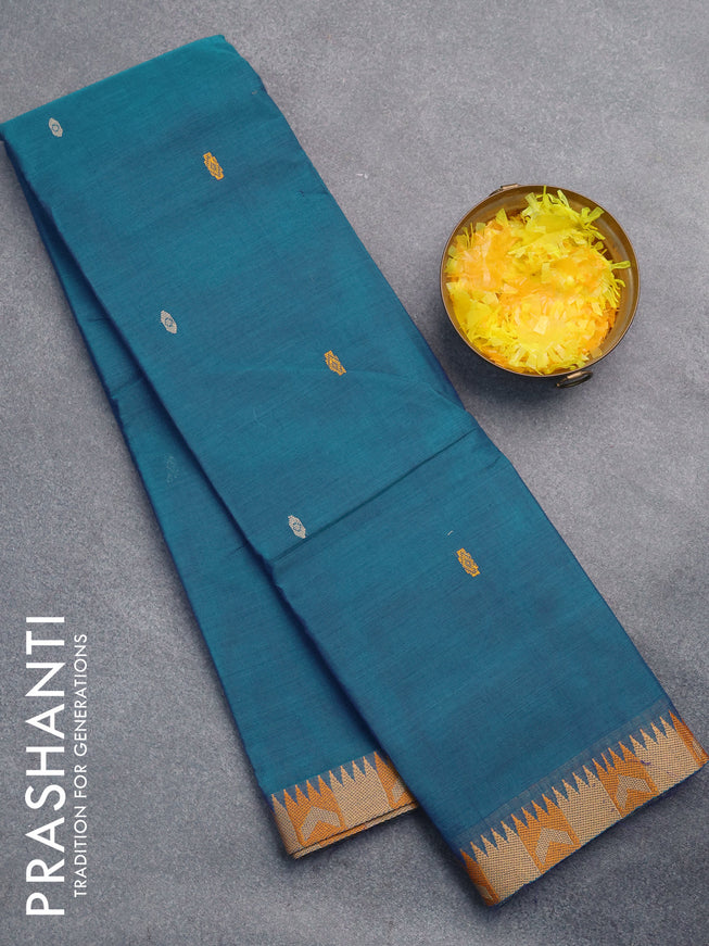 Chettinad cotton saree teal blue with thread woven buttas and thread woven border without blouse
