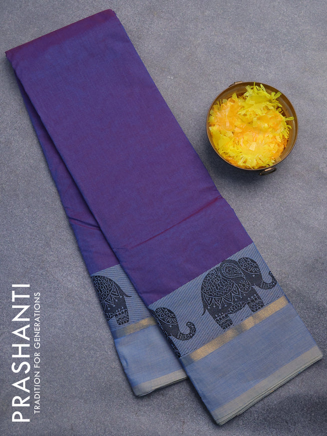 Chettinad cotton saree dual shade of blue and grey shade with plain body and thread woven simple border without blouse
