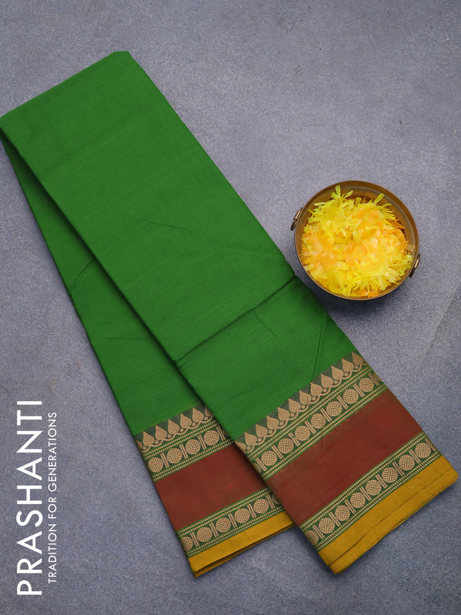 Chettinad cotton saree green and mustard yellow with plain body and rettapet thread woven border without blouse
