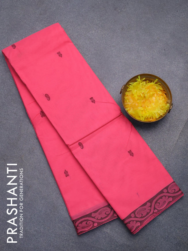 Chettinad cotton saree candy pink with thread woven buttas and thread woven border without blouse