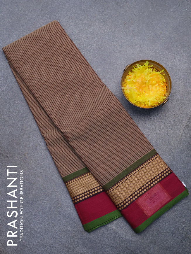 Chettinad cotton saree brown and magenta pink with allover strips pattern and thread woven border without blouse