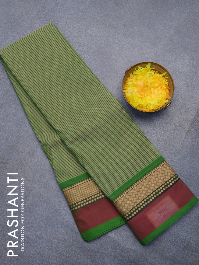 Chettinad cotton saree green and dual shade of magenta pink with allover strips pattern and thread woven border without blouse