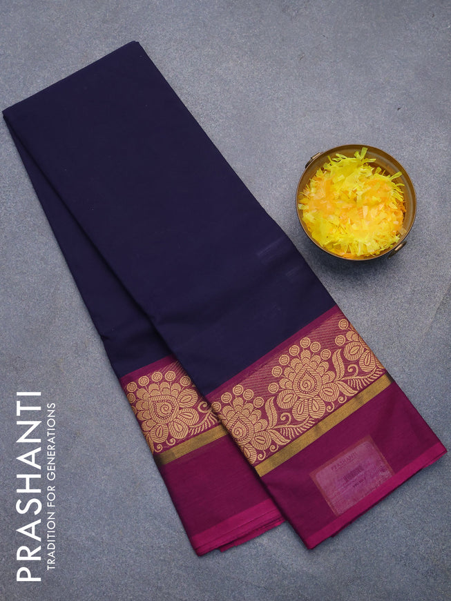 Chettinad cotton saree navy blue and purple with plain body and thread woven simple border without blouse