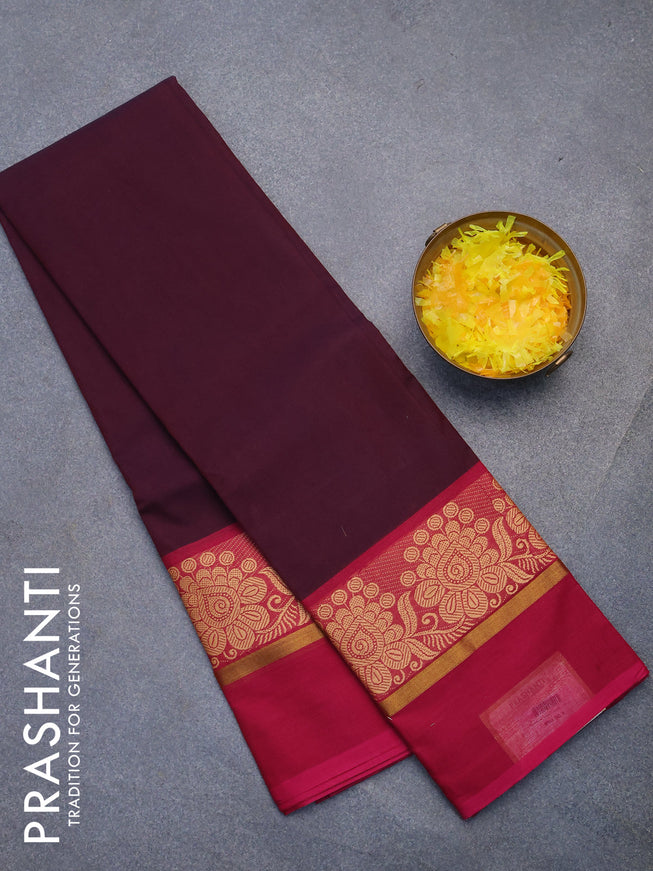 Chettinad cotton saree deep jamun shade and magenta pink with plain body and thread woven simple border without blouse