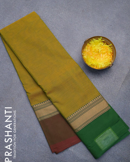 Chettinad cotton saree dual shade of mustard and green with plain body and ganga jamuna border without blouse