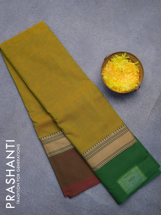 Chettinad cotton saree dual shade of mustard and green with plain body and ganga jamuna border without blouse