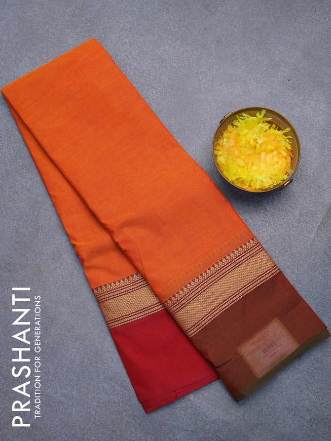 Chettinad cotton saree orange and dual shade of maroonish green with plain body and ganga jamuna border without blouse