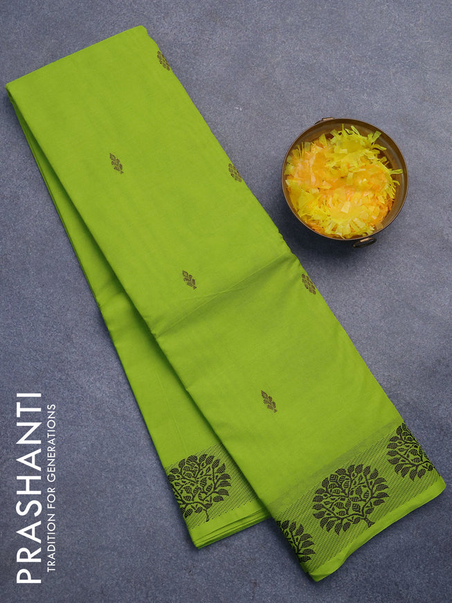 Chettinad cotton saree light green with thread woven buttas and thread woven border without blouse