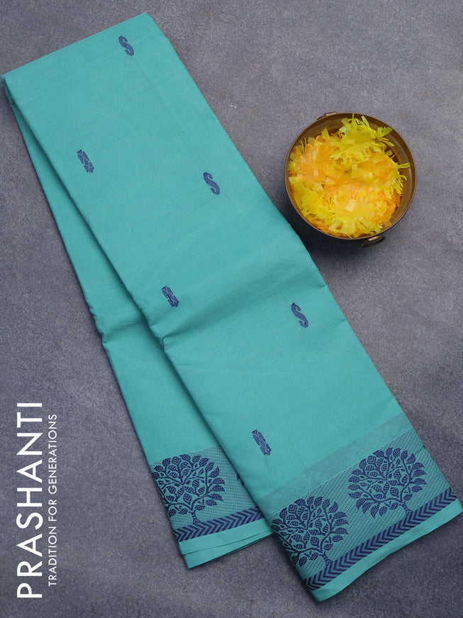 Chettinad cotton saree pastel blue shade with thread woven buttas and thread woven border without blouse