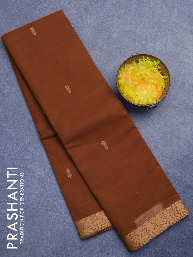 Chettinad cotton saree dark mustard with thread woven buttas and thread woven border without blouse