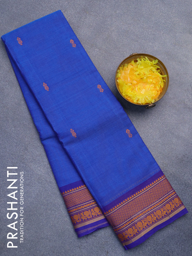 Chettinad cotton saree cs blue and blue with thread woven buttas and thread woven border without blouse