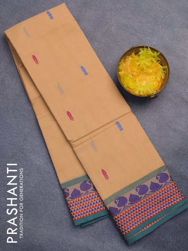 Chettinad cotton saree sandal and teal green with thread woven buttas and thread woven border without blouse