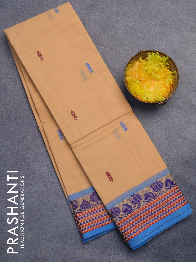 Chettinad cotton saree sandal and cs blue with thread woven buttas and thread woven border without blouse