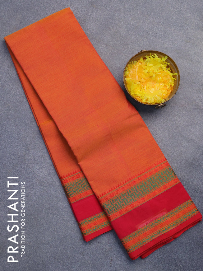 Chettinad cotton saree sunset orange and pink with plain body and thread woven simple border without blouse