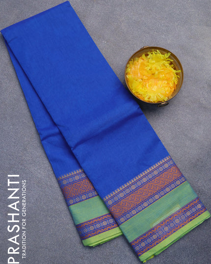 Chettinad cotton saree cs blue and light green with plain body and thread woven simple border without blouse