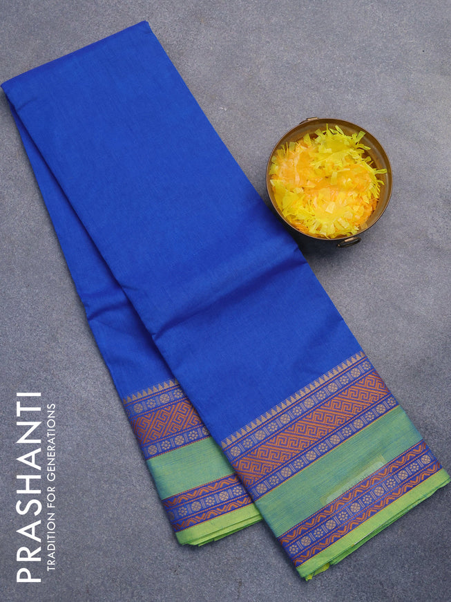 Chettinad cotton saree cs blue and light green with plain body and thread woven simple border without blouse