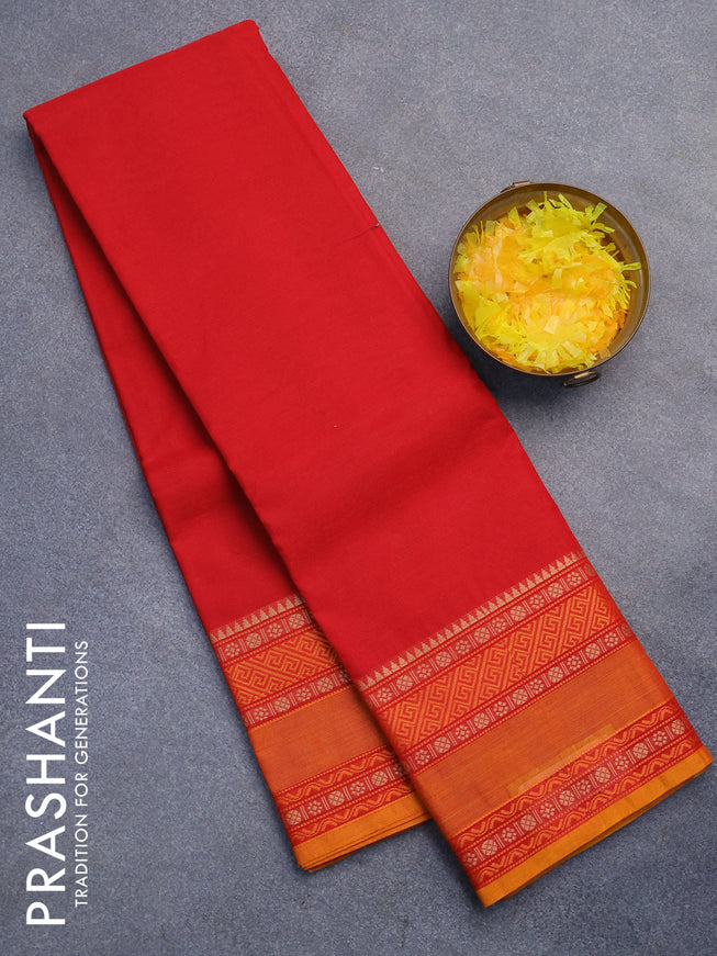 Chettinad cotton saree red and mustard yellow with plain body and thread woven simple border without blouse