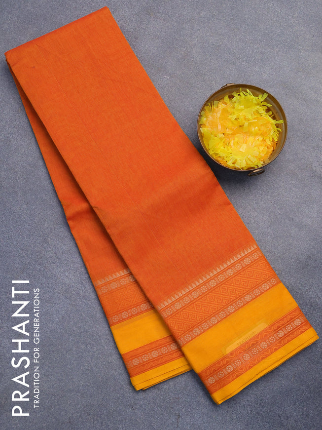 Chettinad cotton saree sunset orange and mango yellow with plain body and thread woven simple border without blouse