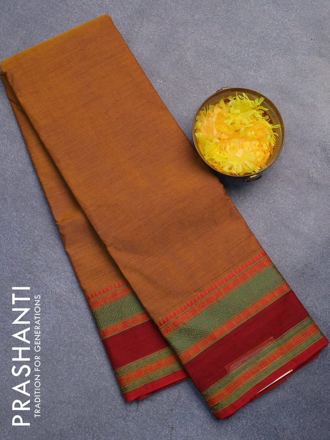 Chettinad cotton saree mustard shade and maroon with plain body and thread woven simple border without blouse