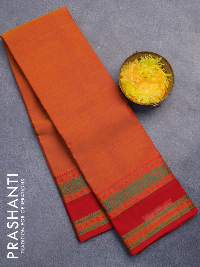Chettinad cotton saree sunset orange and red with plain body and thread woven simple border without blouse