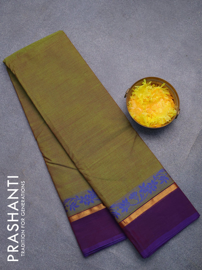 Chettinad cotton saree green and dual shade of blue with plain body and thread woven simple border without blouse