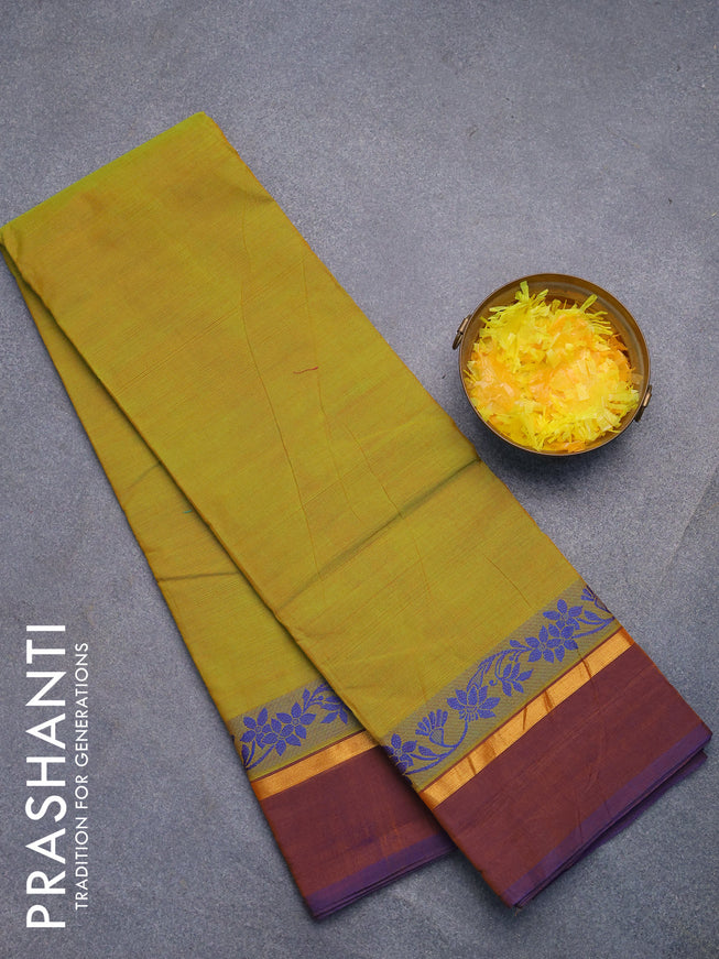 Chettinad cotton saree yellowish green and dual shade of blue with plain body and thread woven simple border without blouse
