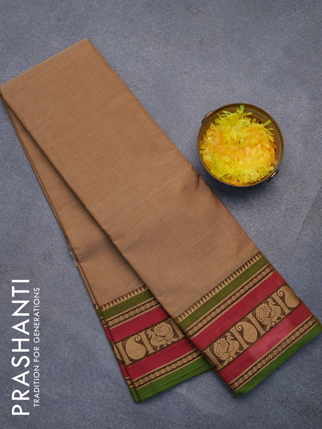 Chettinad cotton saree dark sandal and green with plain body and thread woven border without blouse