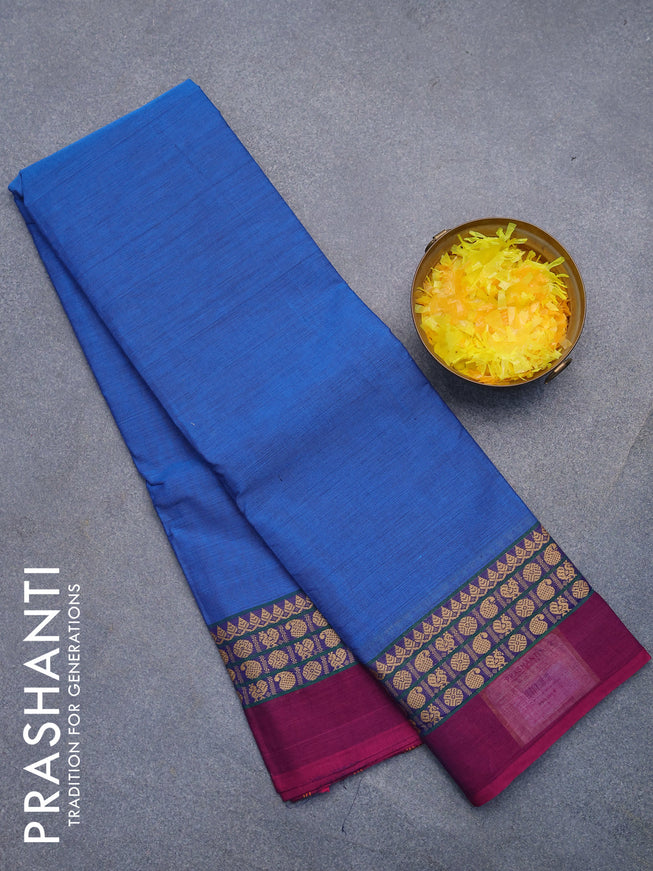 Chettinad cotton saree cs blue and magenta pink with plain body and thread woven simple border without blouse