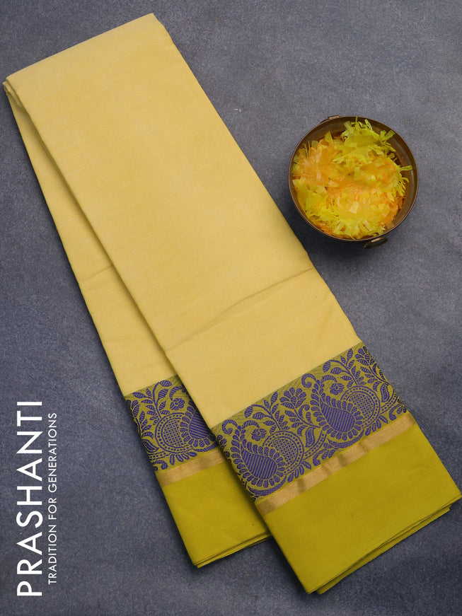 Chettinad cotton saree pale yellow and lime yellow with plain body and thread woven simple border without blouse