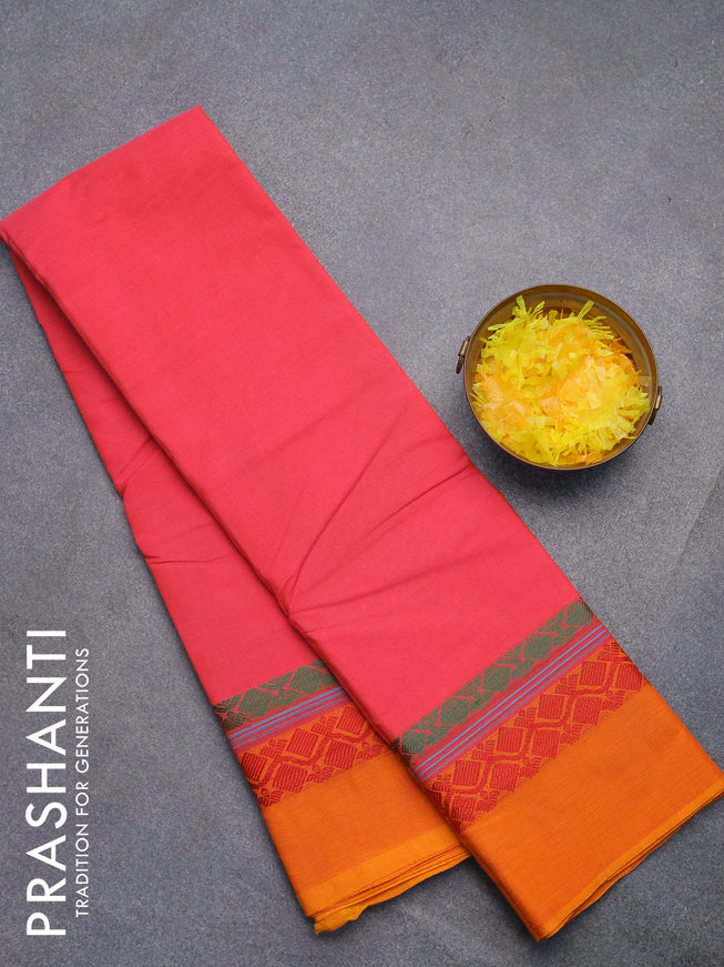 Chettinad cotton saree pink shade and orange with plain body and thread woven simple border without blouse