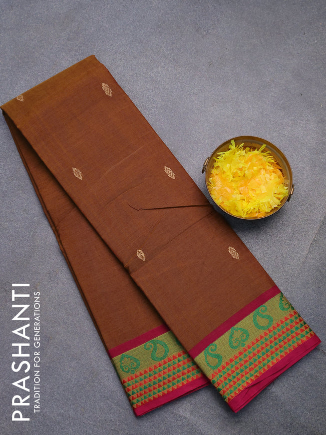 Chettinad cotton saree dark mustard and magenta pink with thread woven buttas and thread woven border without blouse