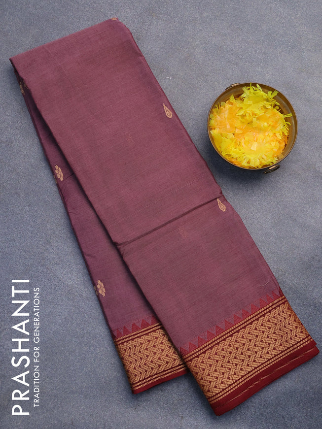 Chettinad cotton saree mauve pink and maroon with thread woven buttas and thread woven border without blouse
