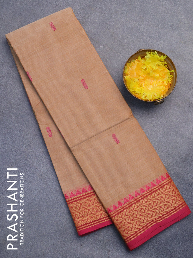 Chettinad cotton saree sandal and pink with thread woven buttas and thread woven border without blouse