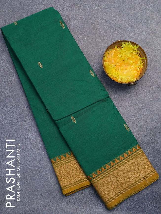Chettinad cotton saree green and mustard shade with thread woven buttas and thread woven border without blouse