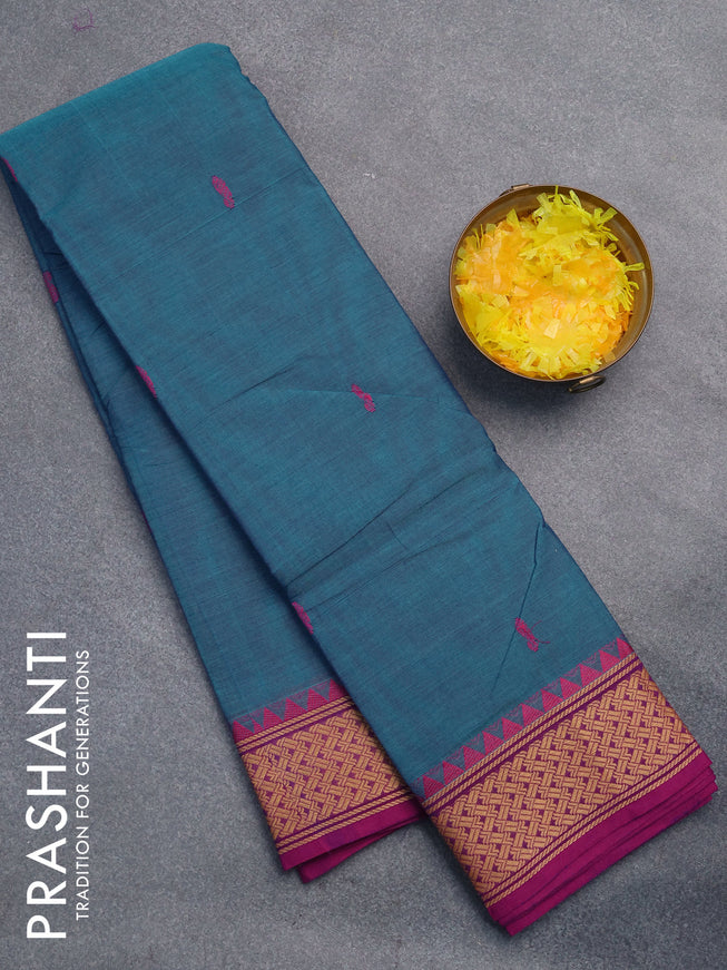 Chettinad cotton saree teal blue and magenta pink with thread woven buttas and thread woven border without blouse