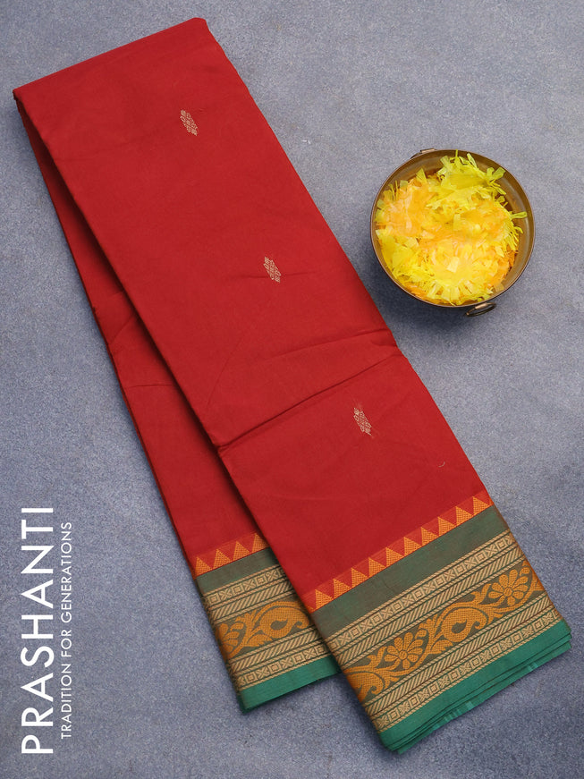 Chettinad cotton saree rust shade and green with thread woven buttas and thread woven border without blouse