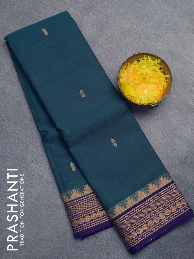 Chettinad cotton saree peacock green and blue with thread woven buttas and thread woven border without blouse