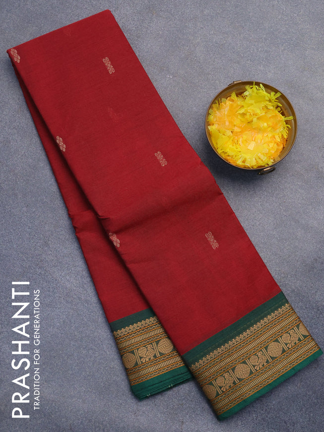 Chettinad cotton saree maroon and green with thread woven buttas and thread woven border without blouse