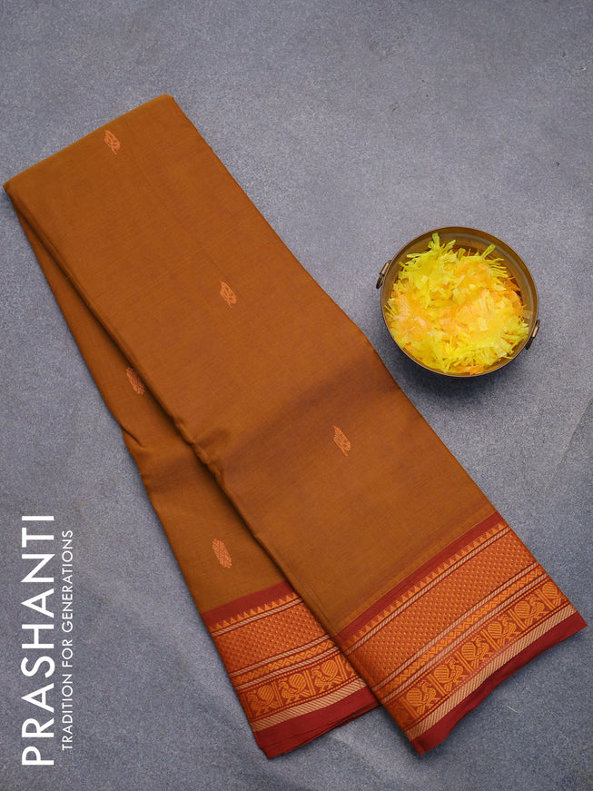 Chettinad cotton saree dark mustard and maroon with thread woven buttas and thread woven border without blouse