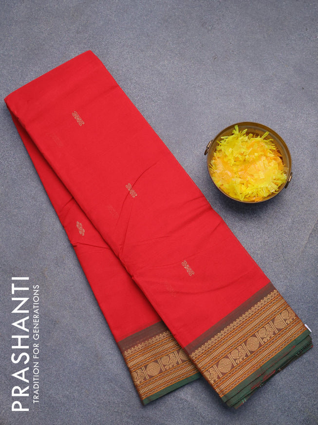Chettinad cotton saree red and green shade with thread woven buttas and thread woven border without blouse