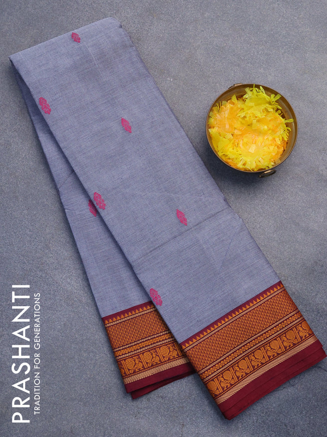 Chettinad cotton saree grey and maroon with thread woven buttas and thread woven border without blouse