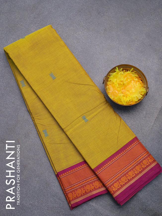 Chettinad cotton saree lime yellow and purple with thread woven buttas and thread woven border without blouse